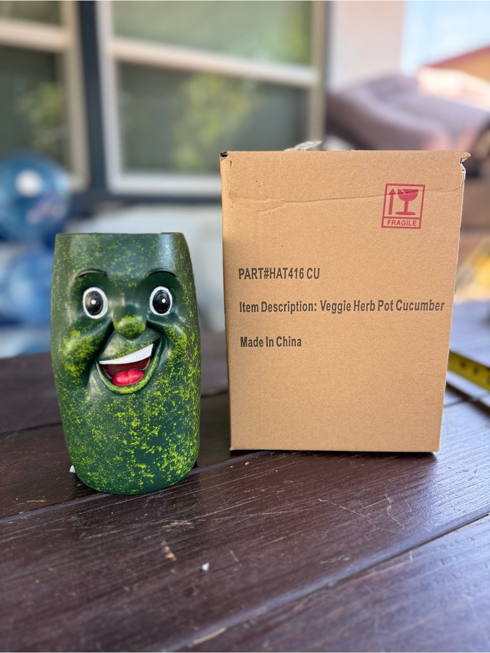 Ceramic Cucumber Face Planter Pot, Green Speckled, Small, 7 in, Drainage Hole
